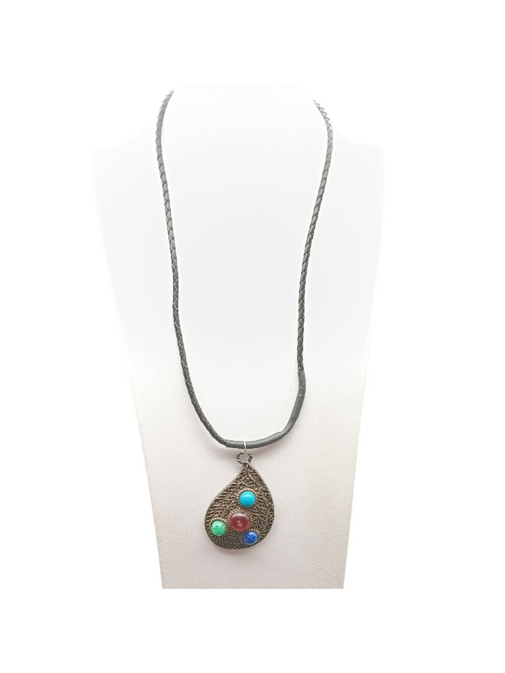 Vintage Teardrop Pendant Necklace with Multicolor Cabochons & Braided Leather